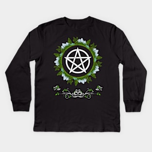 Green Witch Pentacle - Nature Themed Wiccan Pentagram Kids Long Sleeve T-Shirt